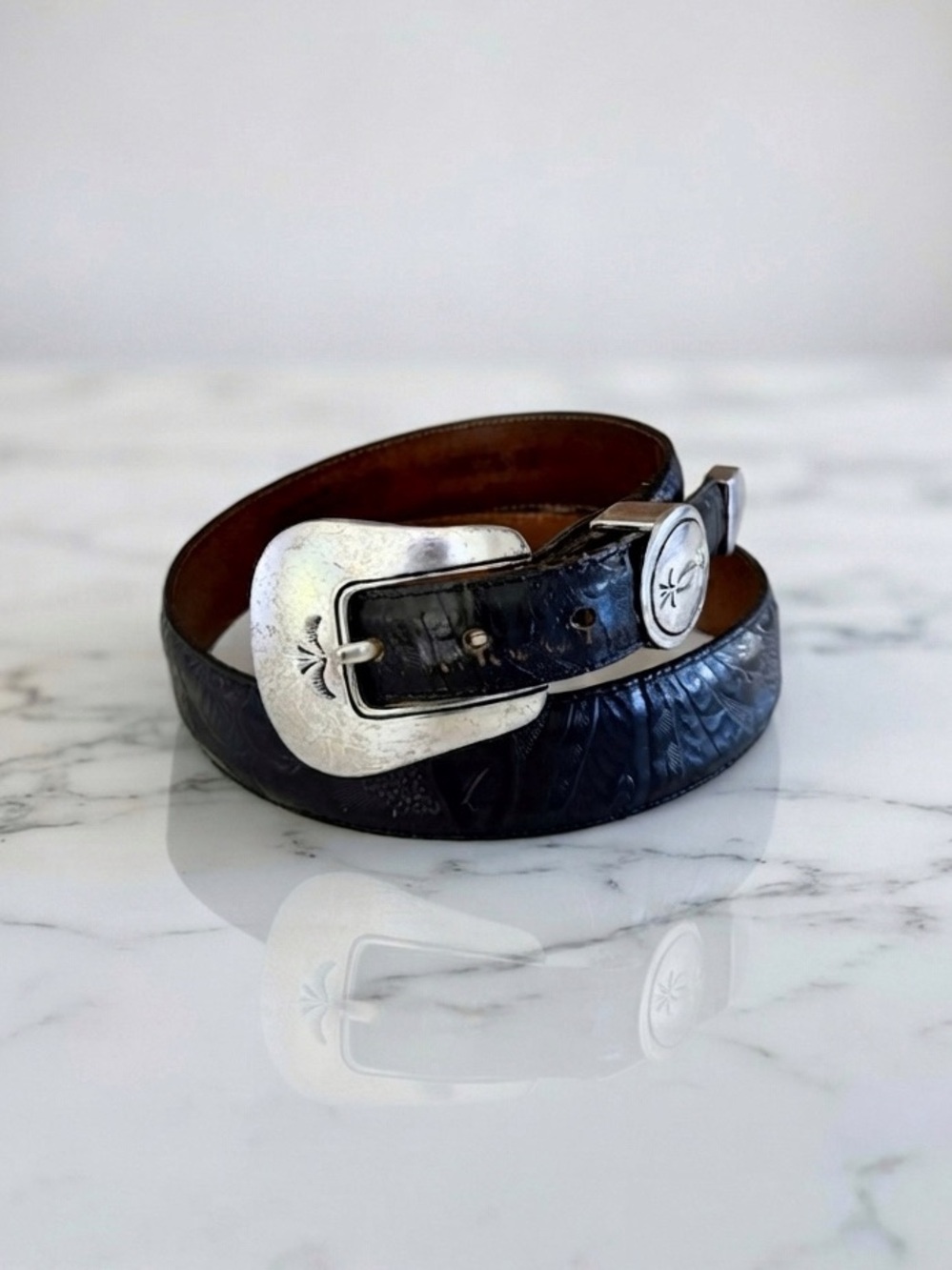 Vintage Justin Western Belt, Black Tooled (Embossed) Floral Leather sz. 30